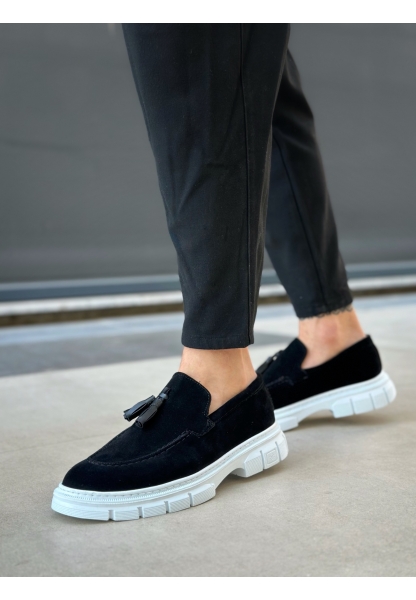 BA0240 Klasik Parlak Püsküllü Süet Siyah Beyaz Taban Erkek Ayakkabı	