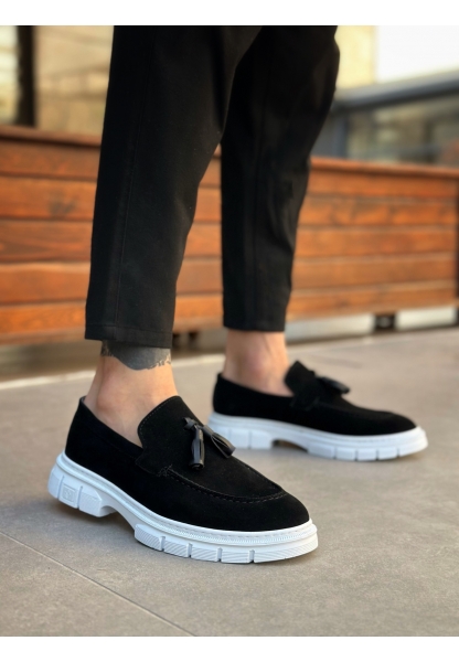 BA0240 Klasik Parlak Püsküllü Süet Siyah Beyaz Taban Erkek Ayakkabı	