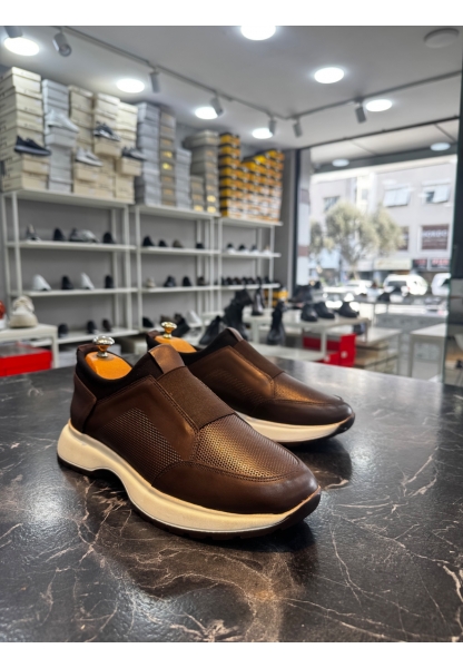 BA0244 İçi Dışı Hakiki Deri Bantlı Rahat Taban Casual Kahverengi Erkek Ayakkabı