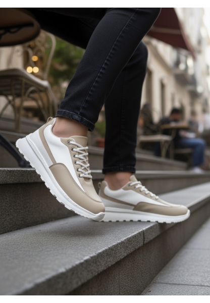 BA0246 Krem Bağcıklı Yüksek Beyaz Taban Günlük Erkek Ayakkabı