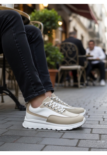 BA0246 Krem Bağcıklı Yüksek Beyaz Taban Günlük Erkek Ayakkabı
