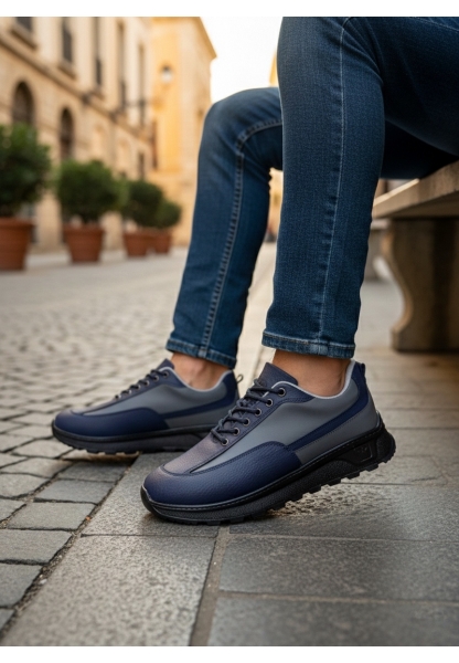 BA0246 Lacivert Gri Parçalı Bağcıklı Yüksek Taban Günlük Erkek Ayakkabı