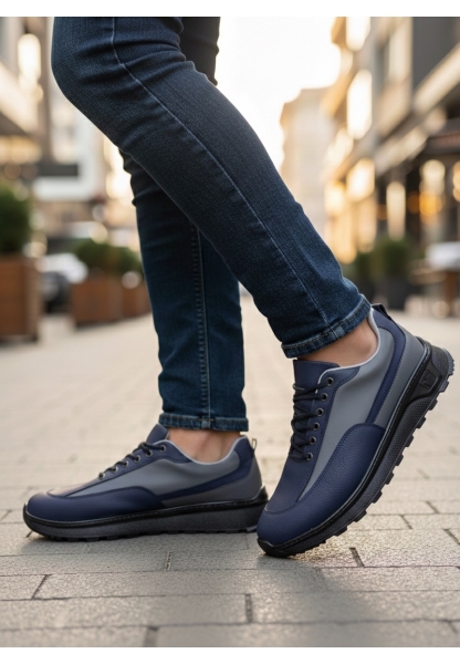 BA0246 Lacivert Gri Parçalı Bağcıklı Yüksek Taban Günlük Erkek Ayakkabı