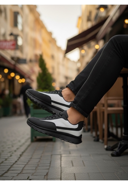 BA0246 Siyah Beyaz Parçalı Bağcıklı Yüksek Taban Günlük Erkek Ayakkabı