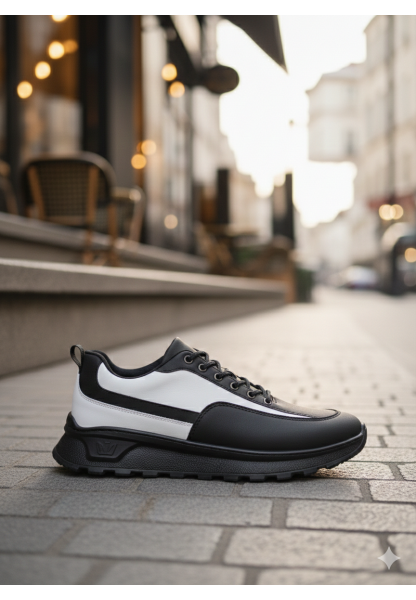 BA0246 Siyah Beyaz Parçalı Bağcıklı Yüksek Taban Günlük Erkek Ayakkabı