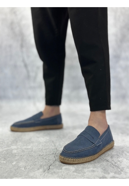 BA0359 BOA Doğal Deri Tozu Bağcıksız Kauçuk El Yapımı Espadril Taban Mavi Renk Erkek Ayakkabı
