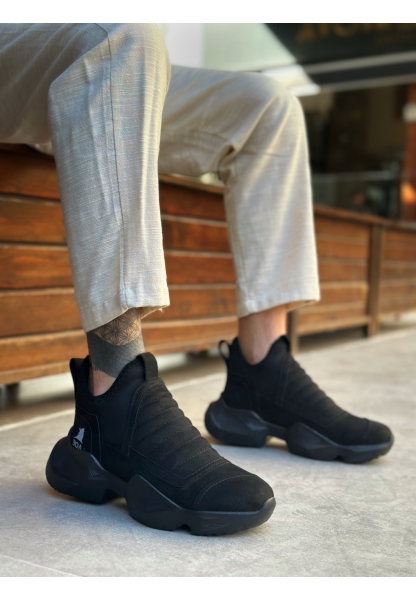 BA0401 Bağcıksız Rahat Yüksek Siyah Taban Siyah Süet Erkek Spor Yarım Bilek Bot