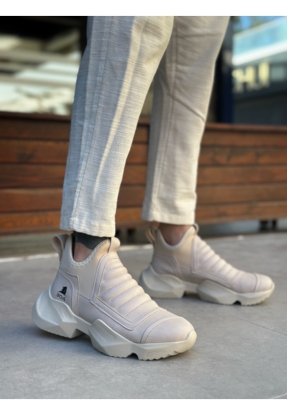 BA0401 Bağcıksız Rahat Yüksek Taban Krem Erkek Spor Yarım Bilek Bot