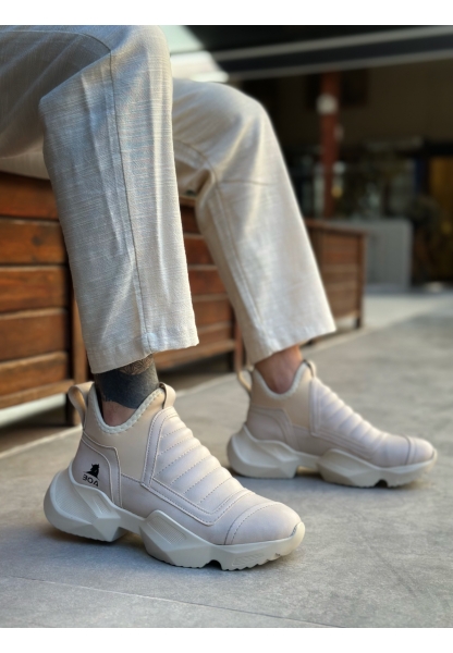 BA0401 Bağcıksız Rahat Yüksek Taban Krem Erkek Spor Yarım Bilek Bot