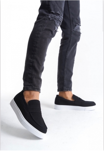 BA0580 Bağcıksız Kuşaklı Yüksek Süet Siyah Beyaz Taban Erkek Ayakkabı