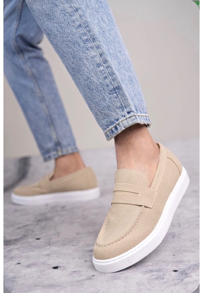 BA0580 Bağcıksız Kuşaklı Yüksek Taban Krem Süet Erkek Ayakkabı