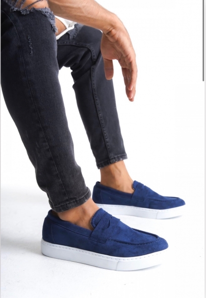 BA0580 Bağcıksız Kuşaklı Yüksek Taban Lacivert Süet Erkek Ayakkabı