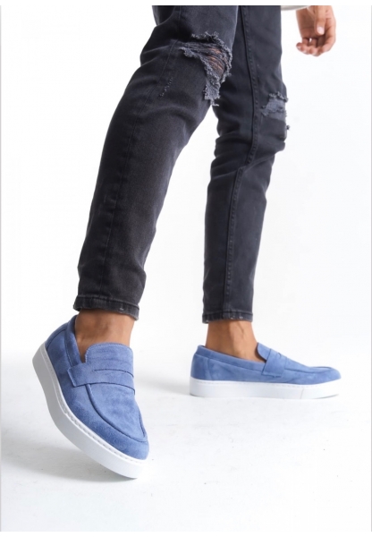BA0580 Bağcıksız Kuşaklı Yüksek Taban Mavi Süet Erkek Ayakkabı