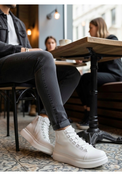 BA0713 Bağcıklı Beyaz Yüksek Taban Erkek Tarz Spor Bot