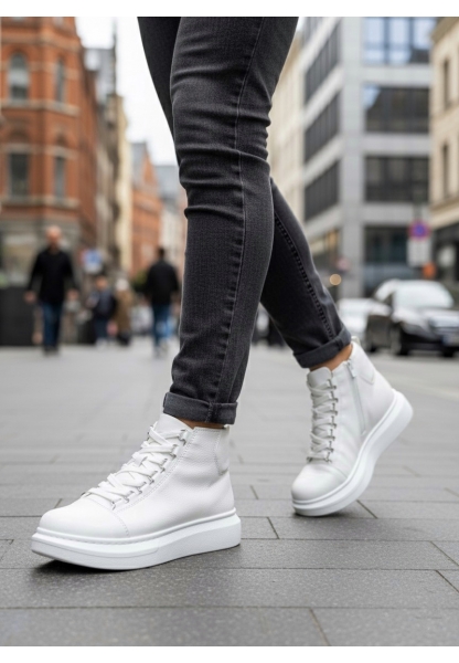 BA0713 Bağcıklı Beyaz Yüksek Taban Erkek Tarz Spor Bot