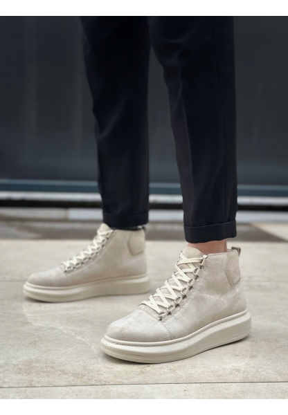 BA0713 Bağcıklı Süet Bej Yüksek Taban Erkek Tarz Spor Bot