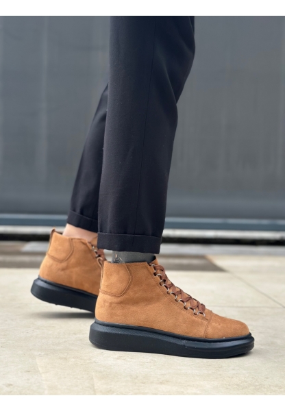 BA0713 Bağcıklı Yüksek Taba Süet Siyah Taban Erkek Tarz Spor Bot