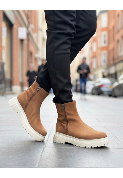 BA0777 Süet Taba Krem Taban Çift Fermuarlı Erkek Yarım Bilek Bot