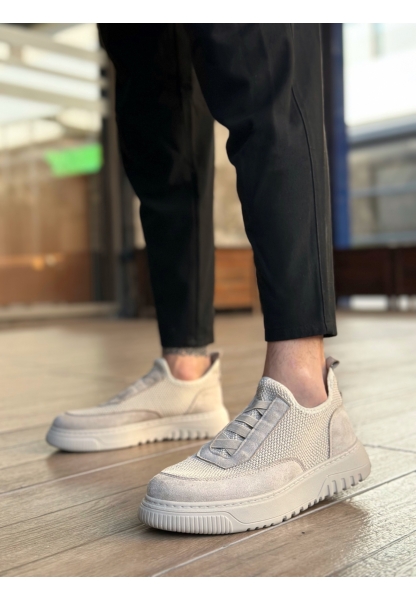 BA0911 Özel Örme Triko Deri Tozu Detaylı Bej Günlük Spor Ayakkabı 