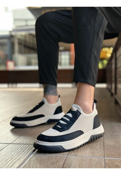 BA0911 Özel Örme Triko Deri Tozu Detaylı Bej Siyah Günlük Spor Ayakkabı 