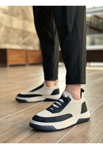 BA0911 Özel Örme Triko Deri Tozu Detaylı Bej Siyah Günlük Spor Ayakkabı 