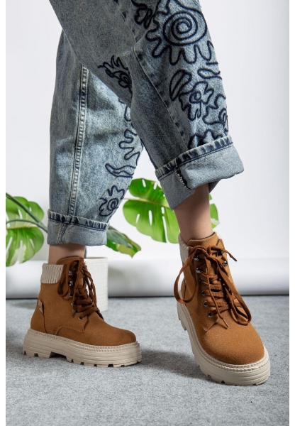 Camel Süet Bağcıklı Yüksek Taban Kadın Bot