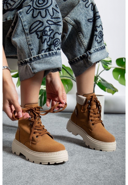 Camel Süet Bağcıklı Yüksek Taban Kadın Bot
