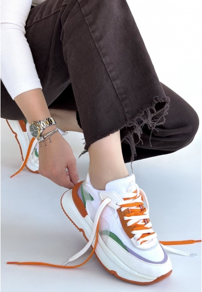 Aleh Beyaz Cilt Turuncu Detaylı Çift Bağcıklı Spor Ayakkabı
