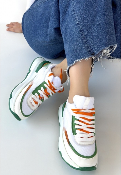 Aleh Beyaz Cilt Yeşil Detaylı Çift Bağcıklı Spor Ayakkabı