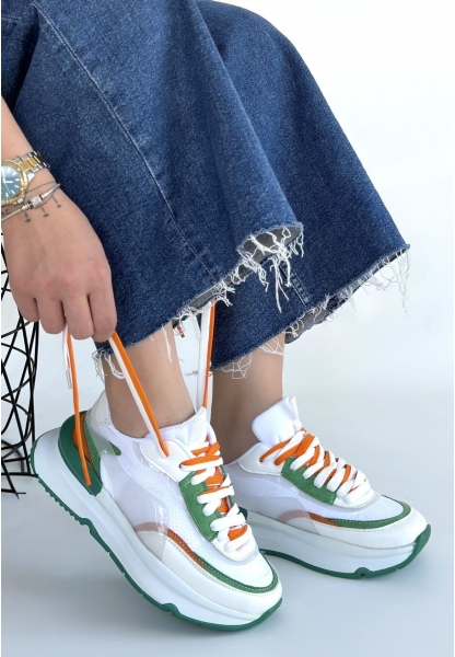 Aleh Beyaz Cilt Yeşil Detaylı Çift Bağcıklı Spor Ayakkabı