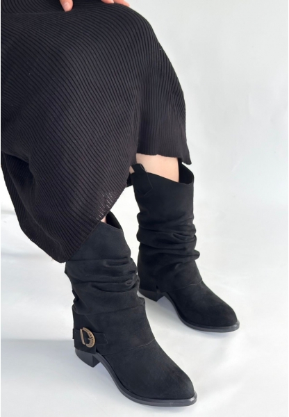 Canty Siyah Süet Körüklü Topuklu Çizme