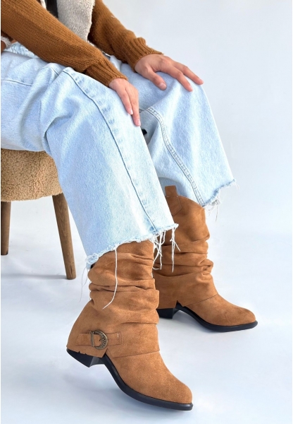 Canty Taba Süet Körüklü Topuklu Çizme