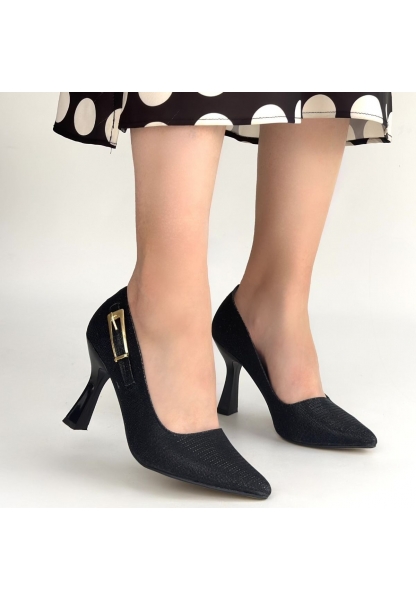 Cerin Siyah Saten Simli Topuklu Ayakkabı