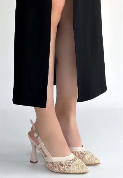 Ceta Bej Cilt Tül Detaylı Topuklu Ayakkabı
