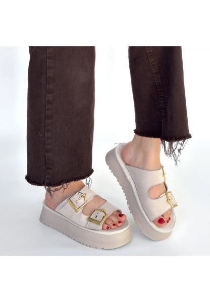 Coer Bej Süet Çift Tokalı Terlik