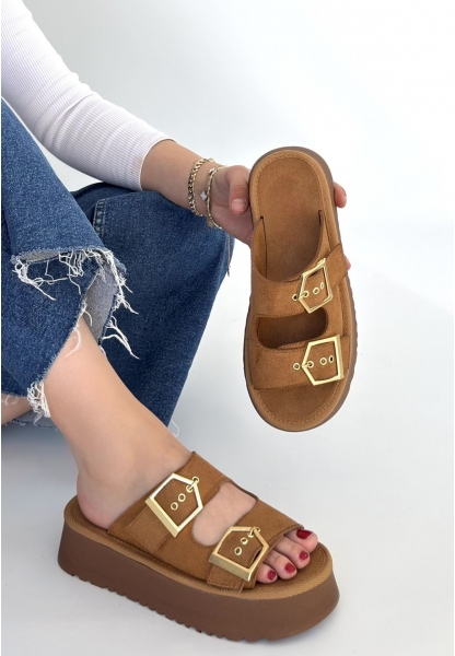 Coer Taba Süet Çift Tokalı Terlik