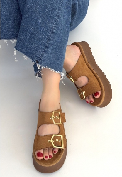 Coer Taba Süet Çift Tokalı Terlik