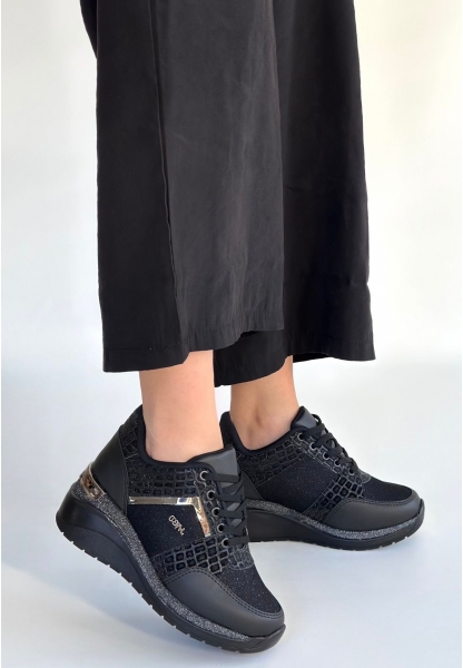Geja Siyah Cilt Bağcıklı Spor Ayakkabı