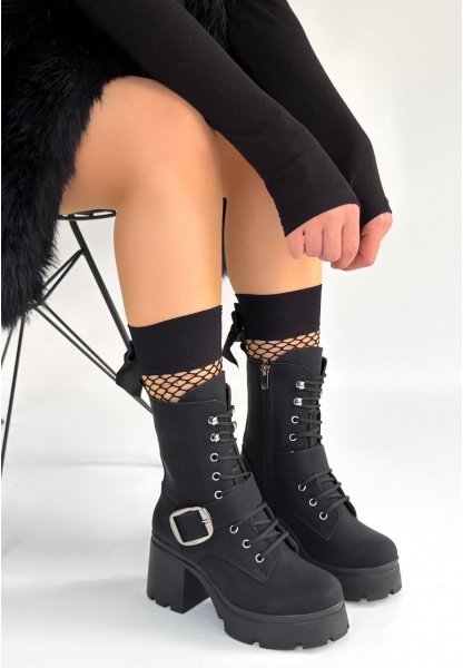 Linma Siyah Nubuk Bağcıklı Topuklu Bot