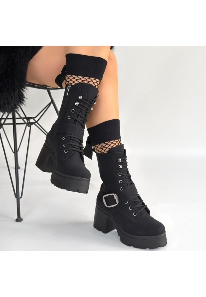 Linma Siyah Nubuk Bağcıklı Topuklu Bot