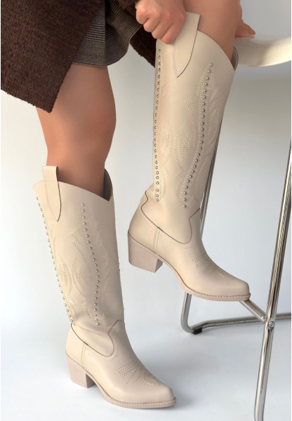 Meof Bej Cilt Topuklu Çizme