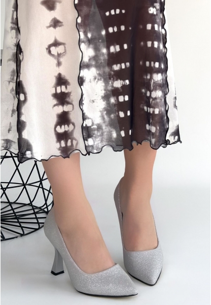 Meyli Gümüş Saten Simli Topuklu Ayakkabı