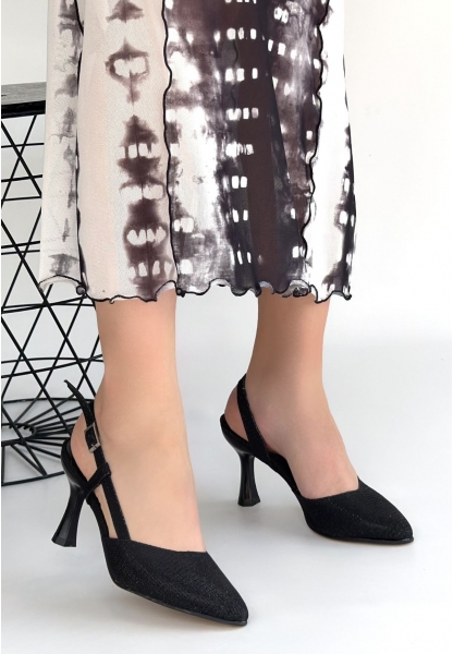 Minde Siyah Cilt Simli Topuklu Ayakkabı
