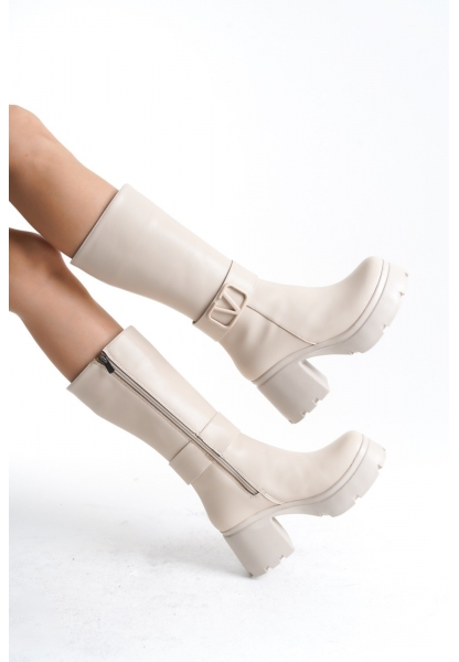 Moki Bej Cilt Topuklu Çizme