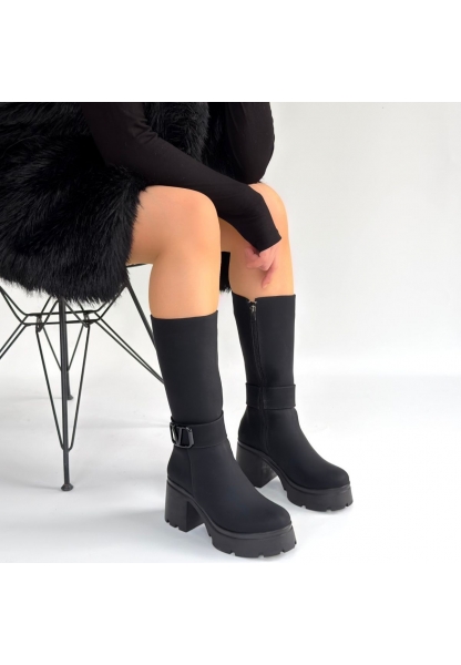 Moki Siyah Nubuk Topuklu Çizme