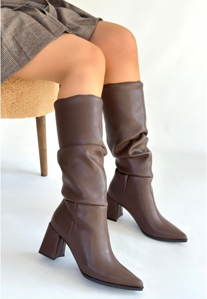 Pitay  Kahverengi Cilt Körüklü Topuklu Çizme