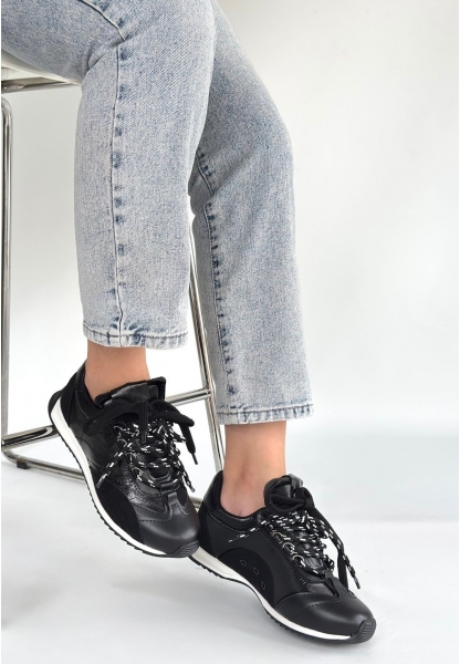 Reat Siyah Cilt Bağcıklı  Paraşüt Detaylı Spor Ayakkabı