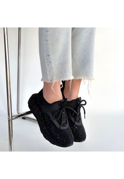 Rimay Siyah Cilt Boncuk İşlemeli Spor Ayakkabı