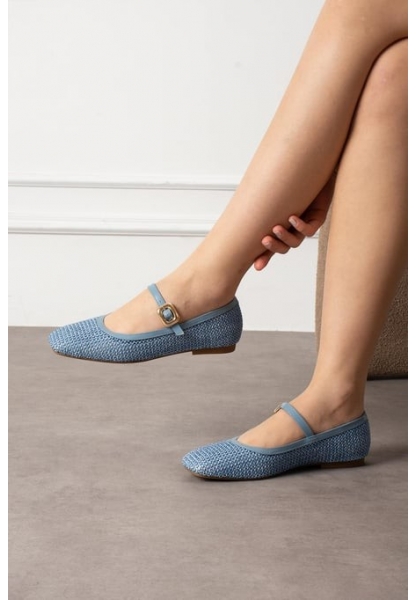 Rives Mavi Cilt Hasır Dokumalı Babet Ayakkabı