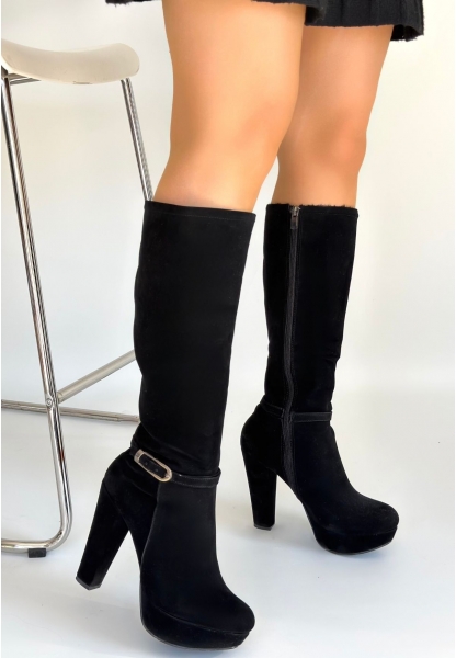 Tekja Siyah Süet Topuklu Çizme